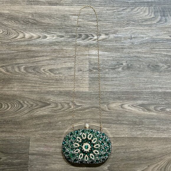 Ramla Bejeweled Crystal Evening Bag Emerald Green Chain Strap Top Handle Formal - Picture 8 of 14